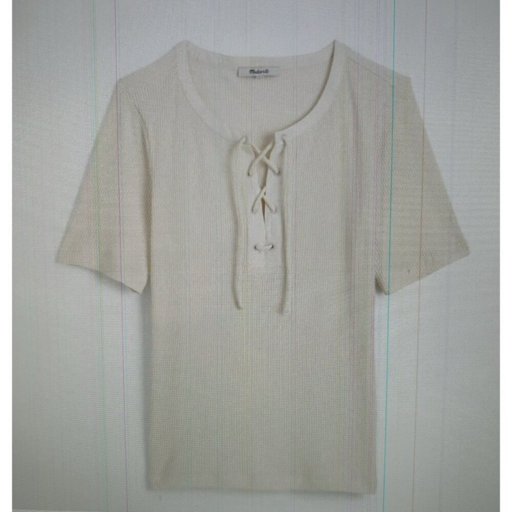 Madewell Ribbed Lace-Up Short-Sleeve Tee Ivory Size M - Picture 3 of 7